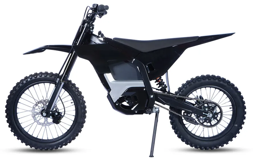 M12 MAX adult electric dirt bike, black and red bodywork, side elevation