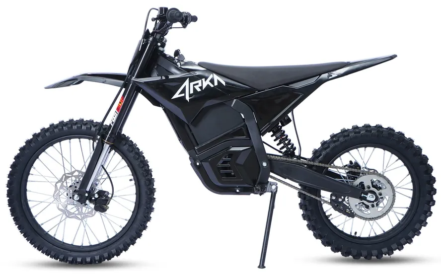 M5 MAX adult electric dirt bike, black bodywork, side elevation