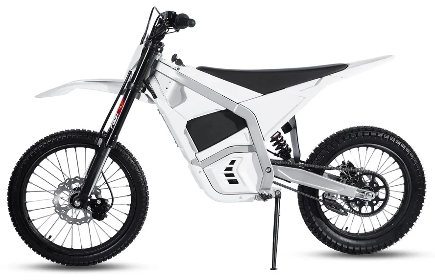 M6 MAX adult electric dirt bike, white bodywork, side elevation