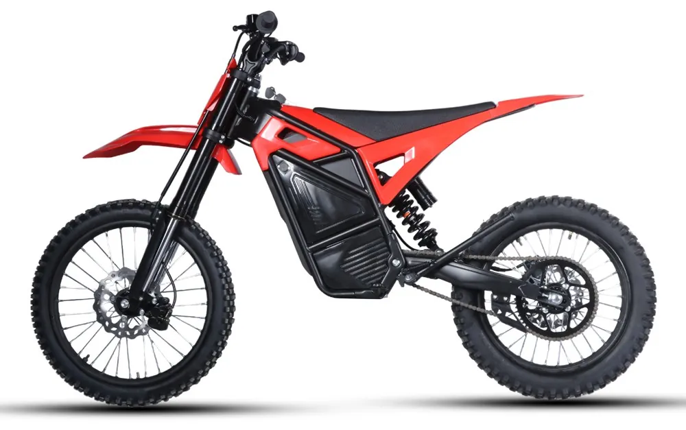 M8 full-size adult electric dirt bike, red bodywork, side elevation