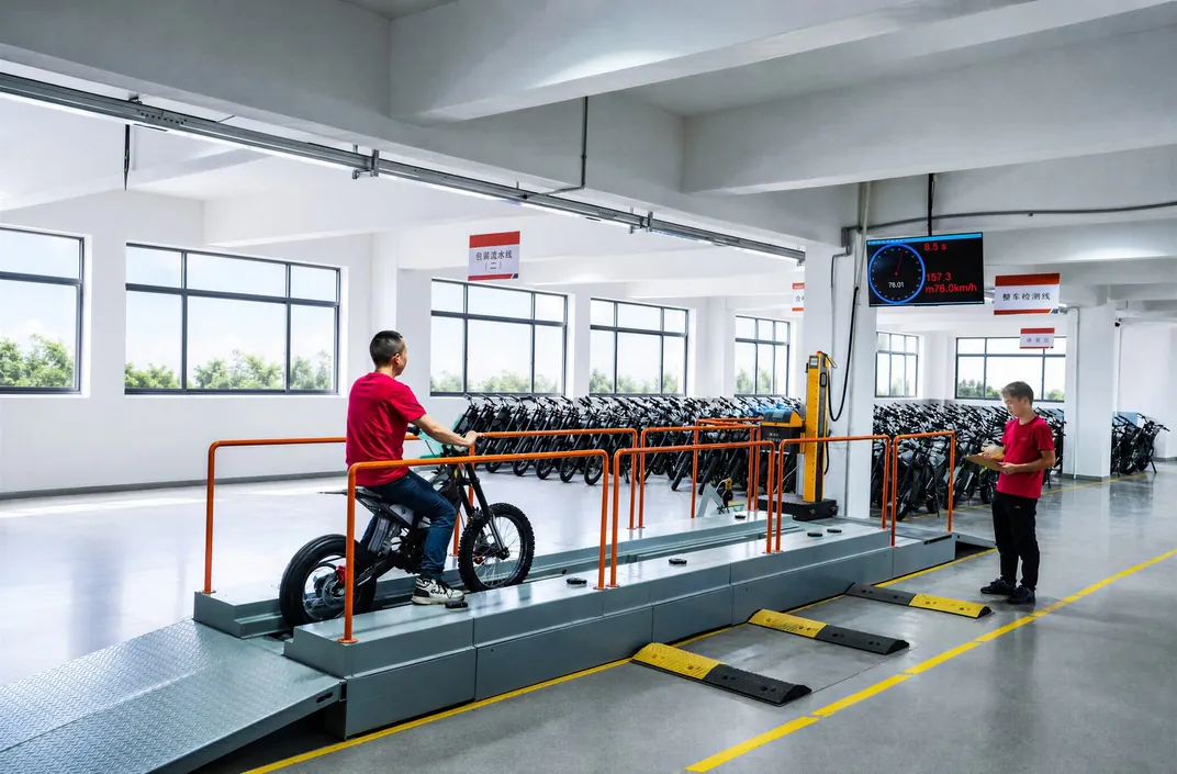 A finished electric dirt bike under test on the rolling-road test bench