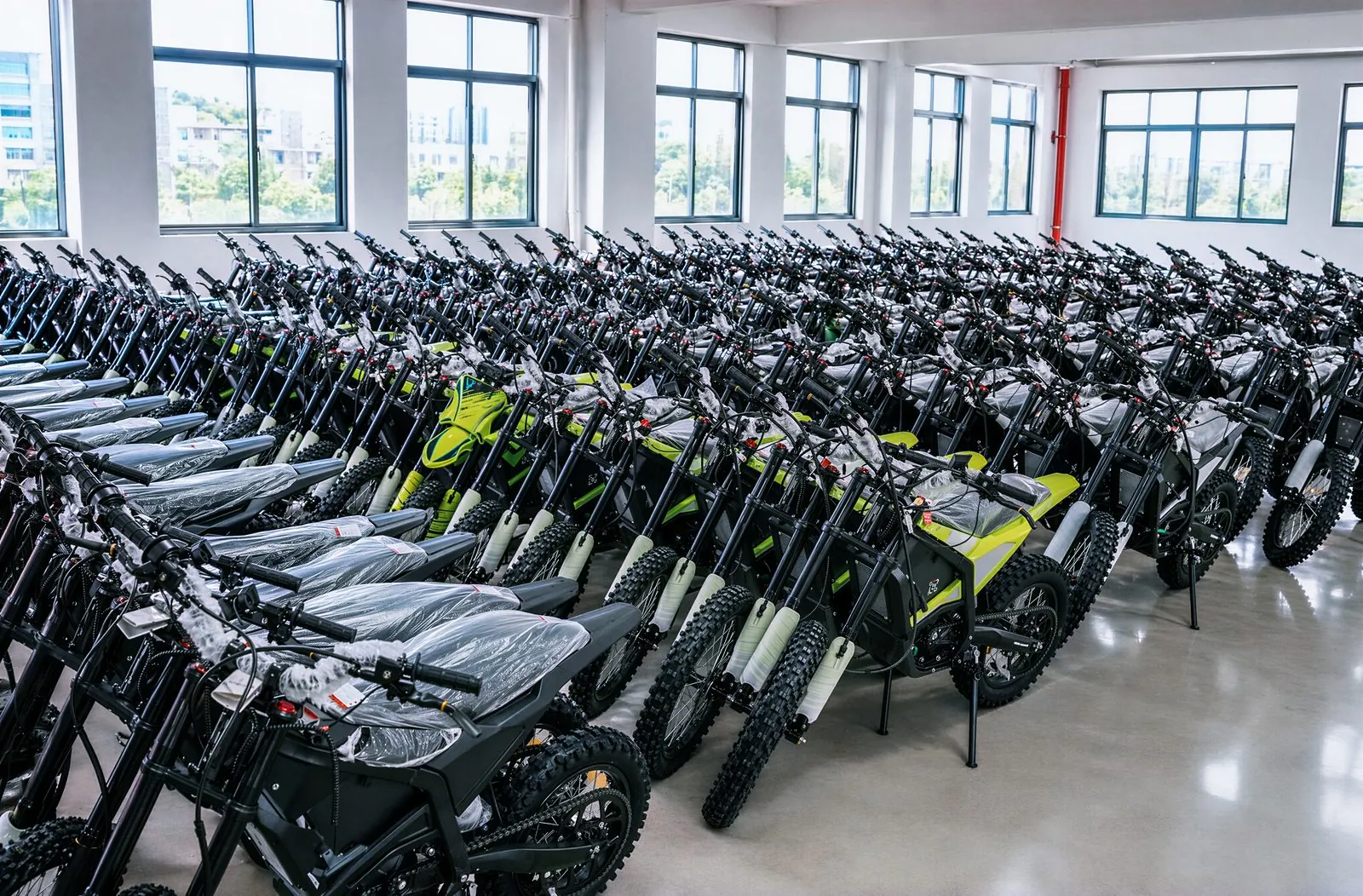 Rows of finished electric dirt bikes staged for shipment at the ARKAMOTO plant in Jinhua, China