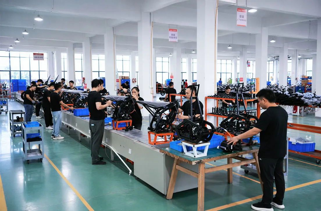 Workers assembling electric dirt bike frames along the ARKAMOTO production line