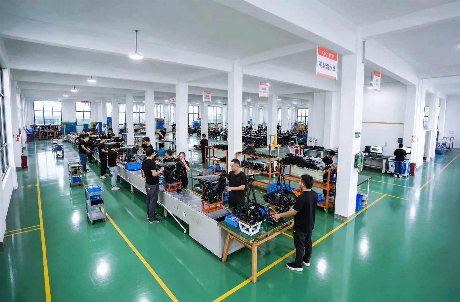 The ARKAMOTO assembly hall in Jinhua, China — electric dirt bikes moving down the line