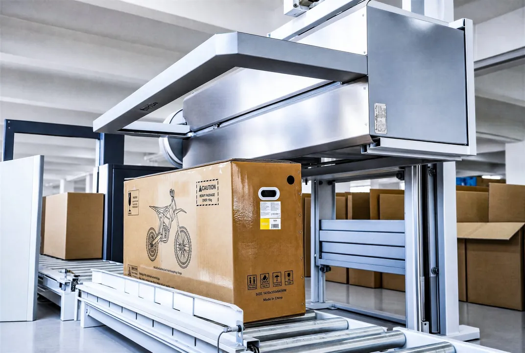 A packed electric dirt bike carton passing through the export packing line