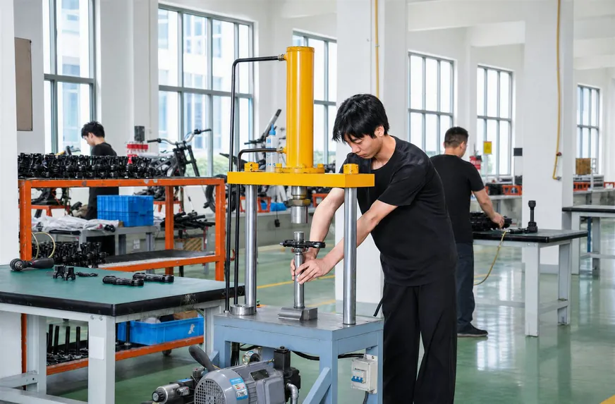 A worker operating the hydraulic press station on the ARKAMOTO frame line