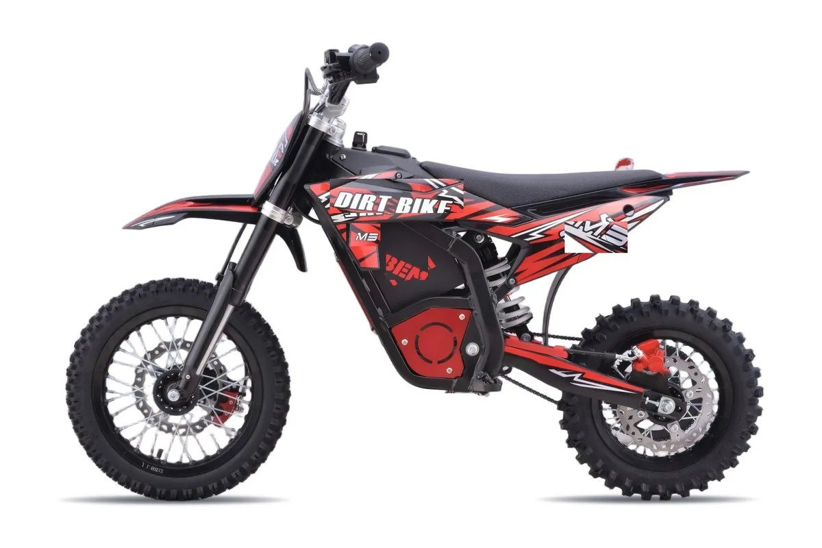M3 kids electric dirt bike, red and black bodywork, side elevation