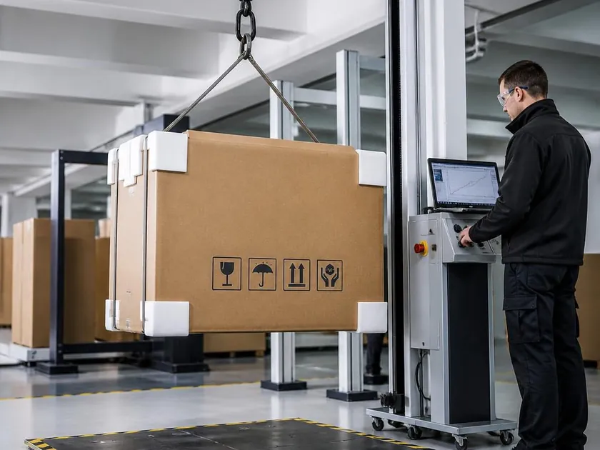 A reinforced e-commerce bike carton suspended above an impact platform during a drop test