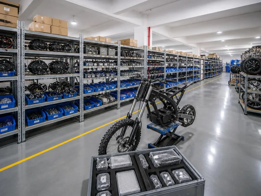 A spare-parts store with shelving of electric dirt bike components and a prepared parts kit crate