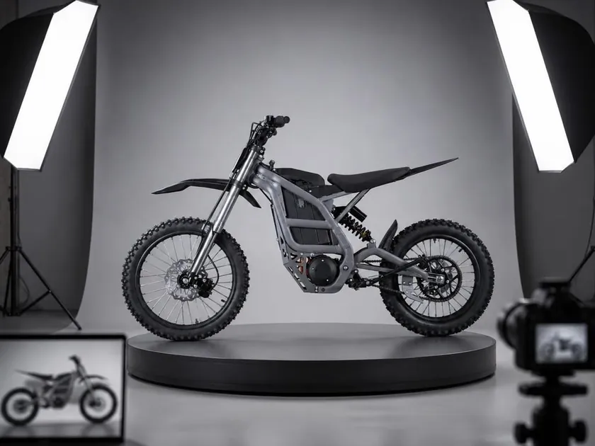 An electric dirt bike on a turntable in a product photography studio with softboxes and a camera on a tripod