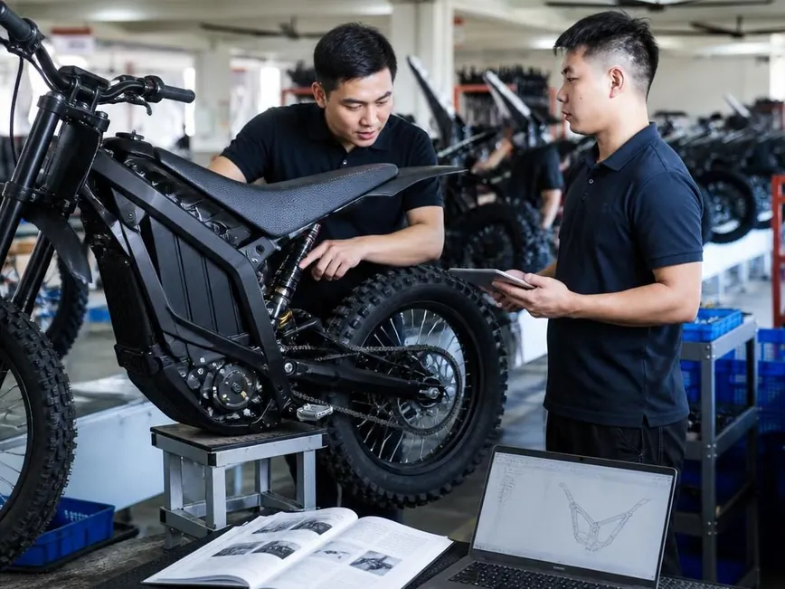 Two technicians in a training session with an electric dirt bike on a work stand and a service manual on the bench