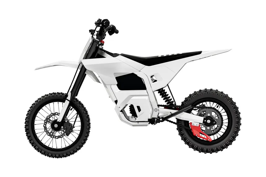 M12 youth electric dirt bike, yellow bodywork, side elevation