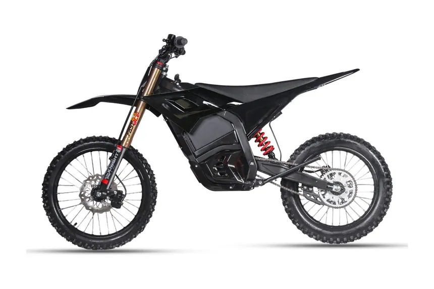 M5 youth electric dirt bike, black bodywork with gold front fork, side elevation