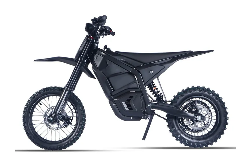 M6 youth electric dirt bike, all-black bodywork, side elevation