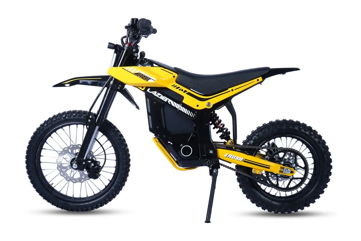 X1 electric dirt bike, yellow and black bodywork, side elevation